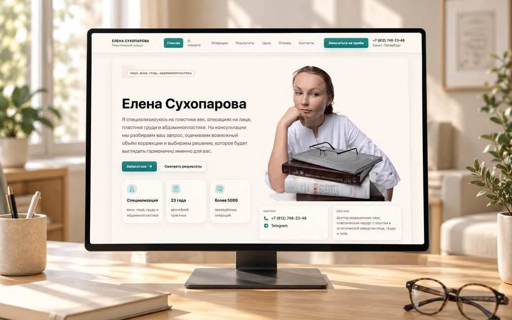 Главная страница сайта Елены Сухопаровой на мониторе в светлом интерьере