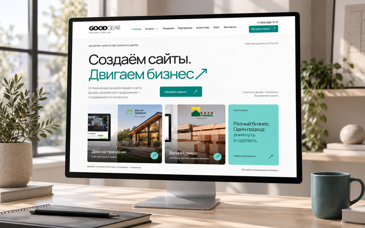 Главная страница нового сайта GOODGEAR на мониторе в рабочей обстановке