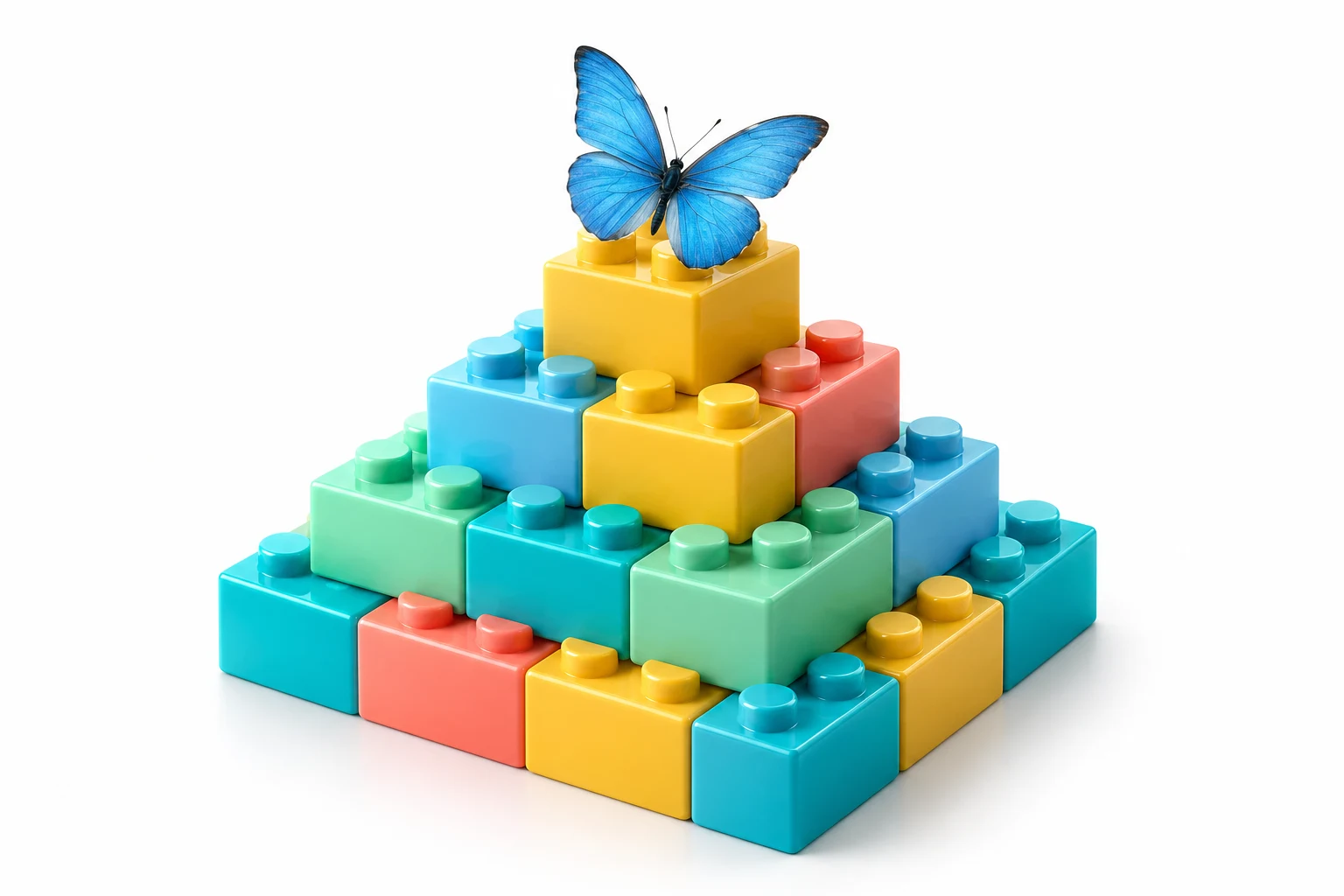 Пирамида из разноцветных блоков с голубой бабочкой — образ конструктора страницы